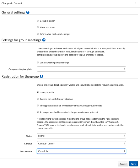 General settings for the group registration
