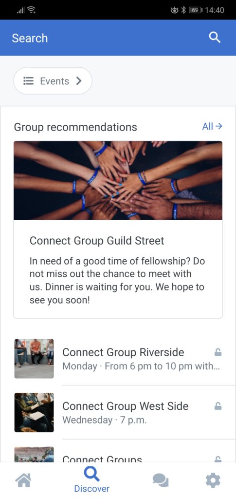 Screenshot of the Discover page with group suggestions
