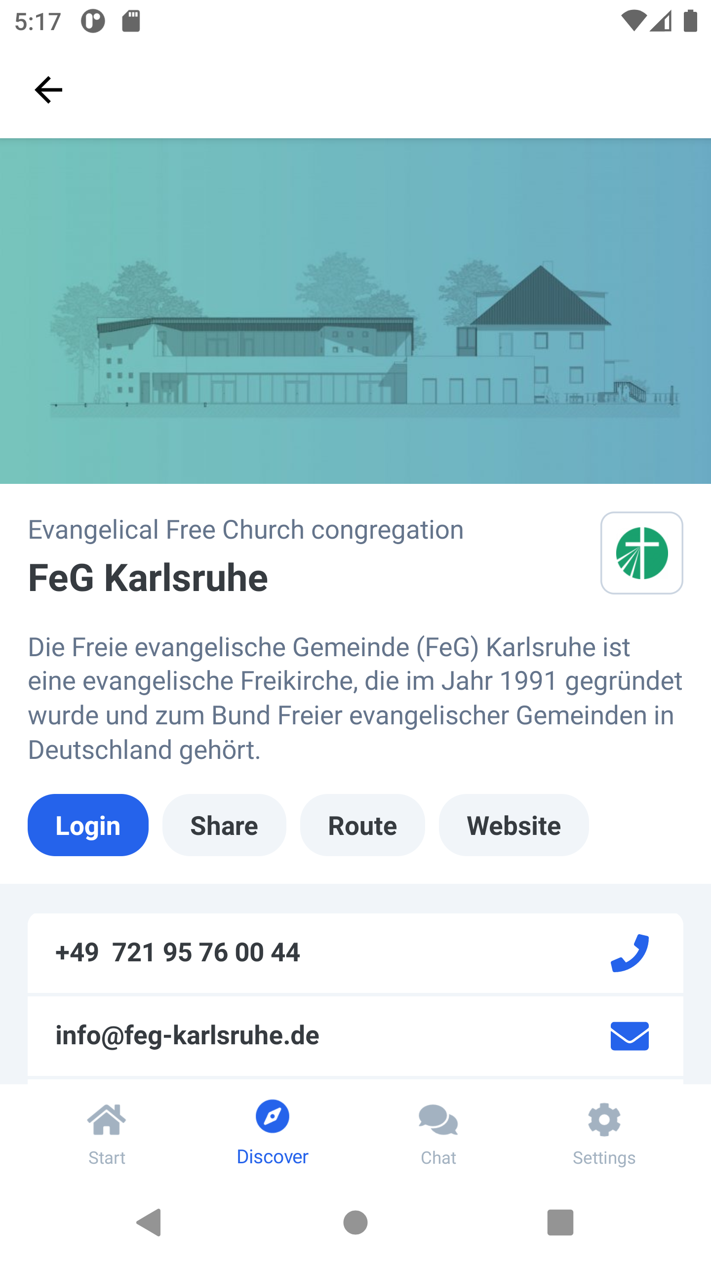 Screenshot: List view of churches in ChurchTools Finder