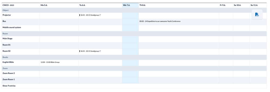 Screenshot of the print view of resource bookings.
