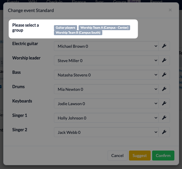 Screenshot: Modal of the automatic division. Highlighted in the screenshot are the groups with a group where a location is additionally displayed.
