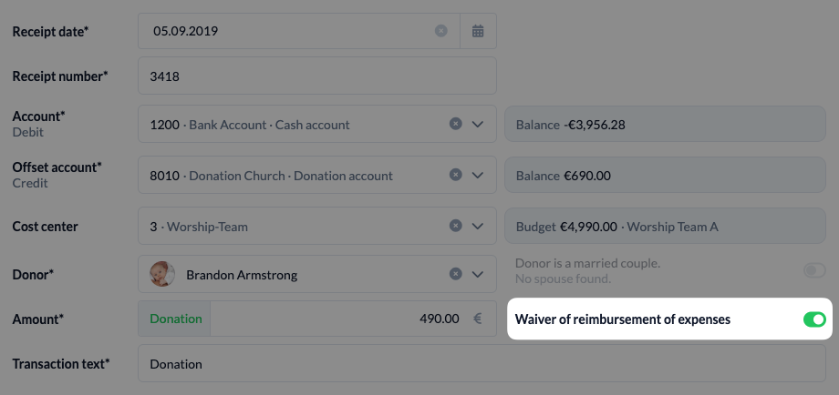 Screenshot: Posting screen with a donation where the "Waiver of reimbursement of expenses" toggle is enabled.