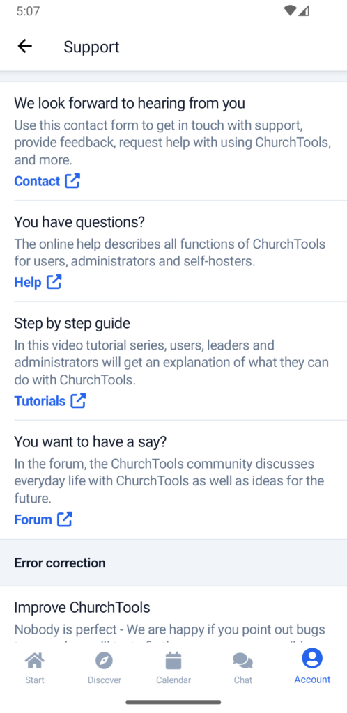 Screenshot of our new Support page within the app. Links to feedback form, help pages and videos are listed.
