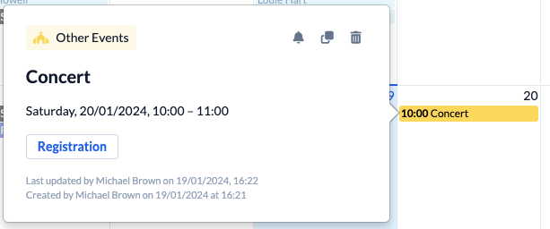 Screenshot of the tooltip in the calendar for an appointment with a registration button