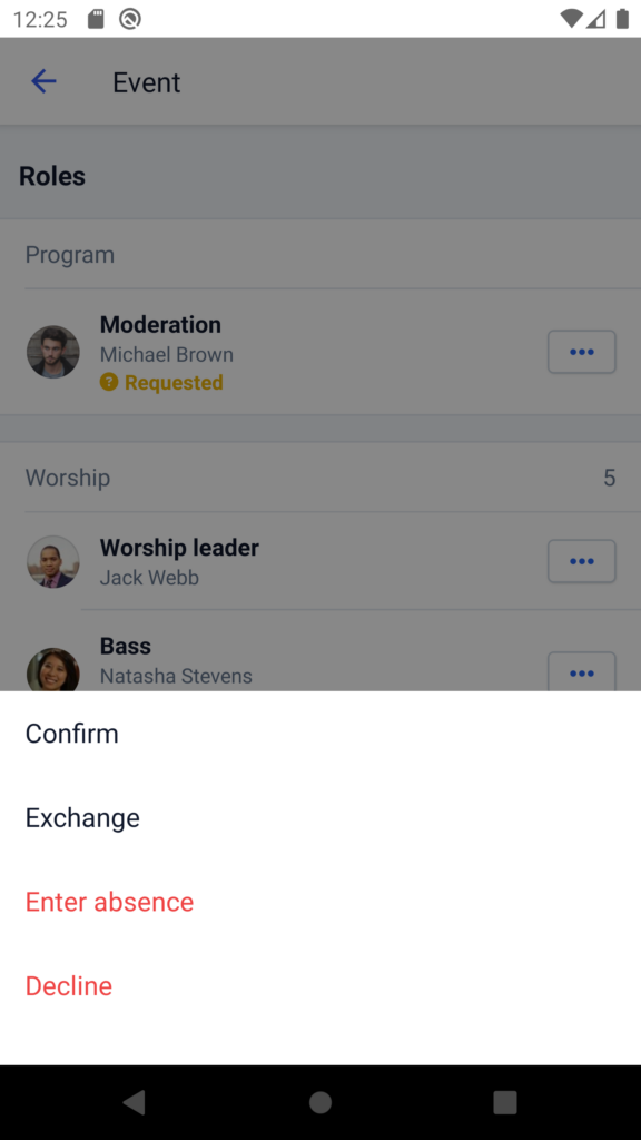 Screenshot: A service is answered and the option "Enter absence" appears.