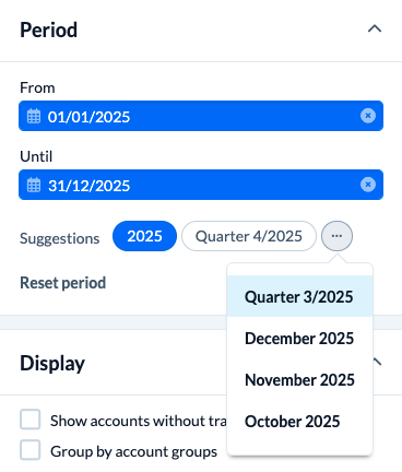 Screenshot: Using the 3-dot menu in the balance sheet or profit & loss report, you can now select the last 3 months.