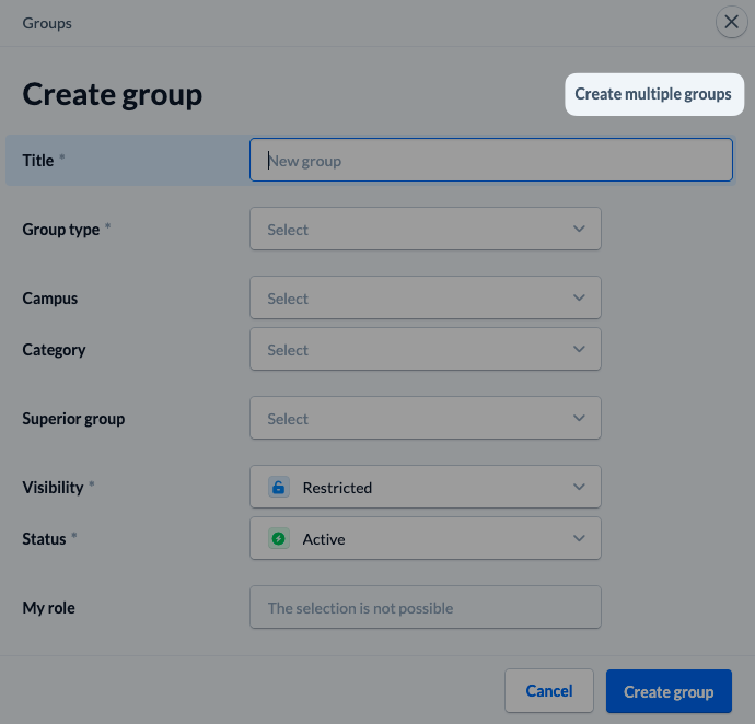 Screenshot: The familiar "Create group" modal now includes an option for "Create multiple groups"