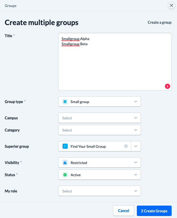 Screenshot: New modal for creating multiple groups at once