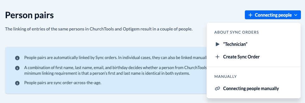 Screenshot of the sync with the "Manually link people" menu option