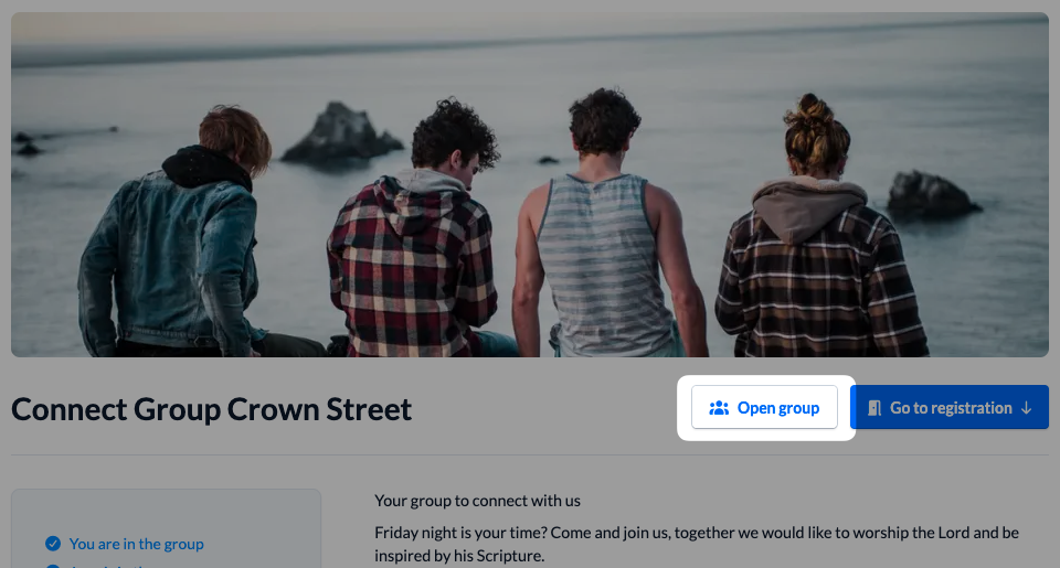 Screenshot of the public group page with the "Open Group" button.