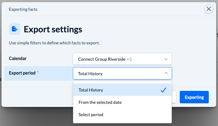 Screenshot of the new fact export modal with options for "Entire history," "From selected date," and "Select time period"