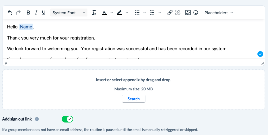 Screenshot of the email client with a drop zone for attachments
