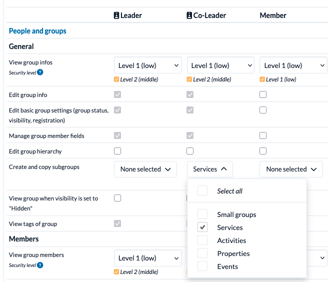 Screenshot of the permissions management screen showing the new permission for subgroups