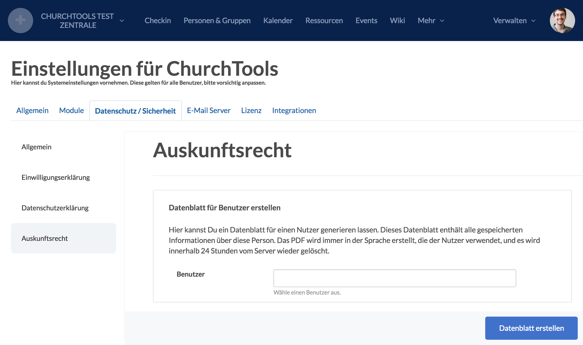 Screenshot der Auskunftsrecht Seite