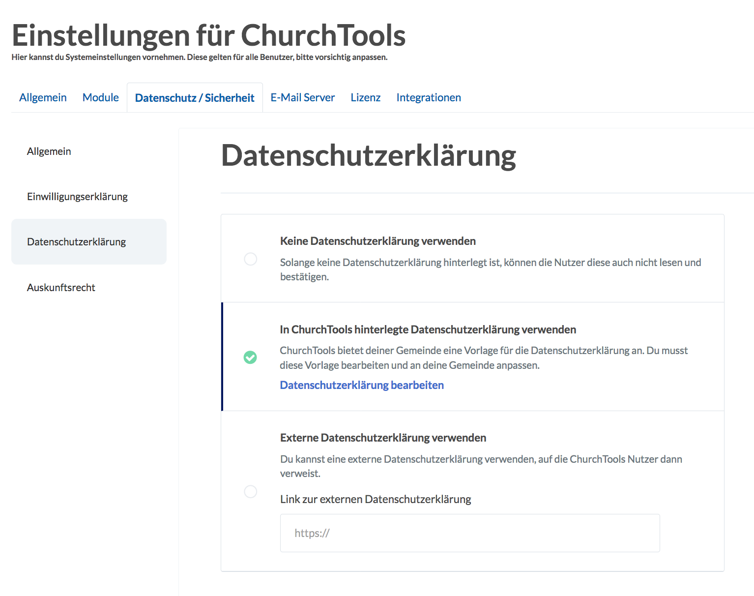 Screenshot der Einstellungen für die Datenschutzerklärung.