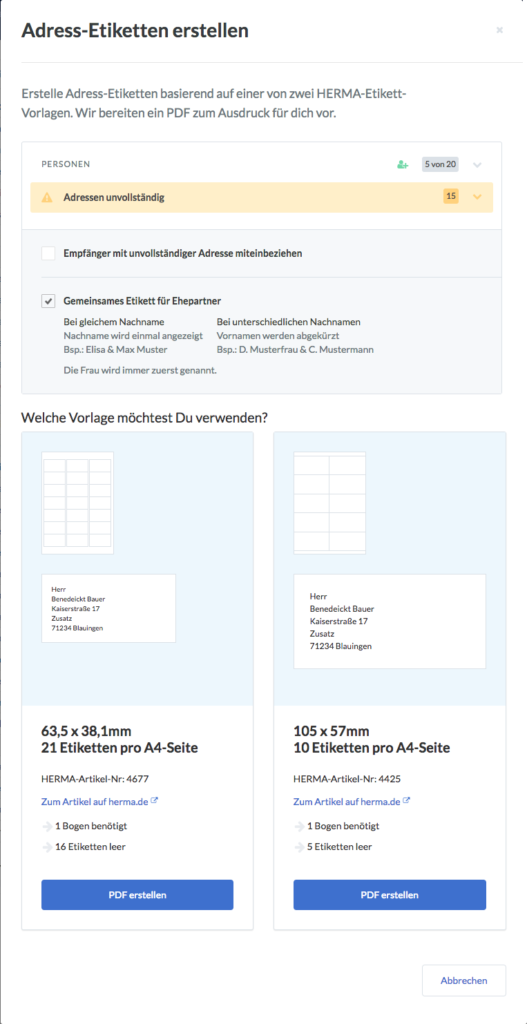 Screenshot des Adress-Etiketten Dialogs