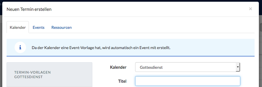 Screenshot der Info beim Anlegen eines neuen Termin, dass eine Event-Vorlage existiert.