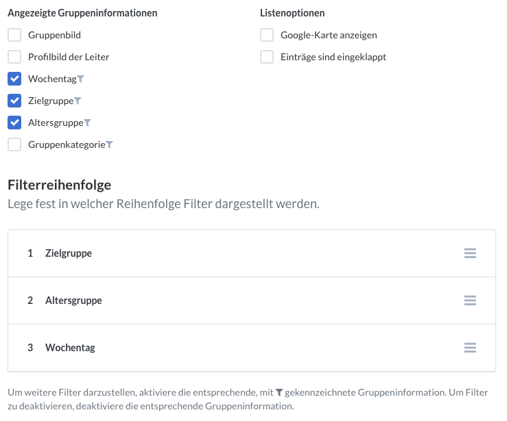 Screenshot der Gruppenhomepage Einstellungen