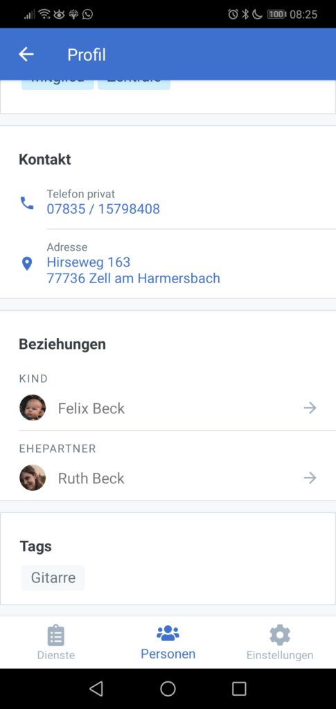 Screenshot des Profils in Verson 0.3 mit Beziehungen und Tags