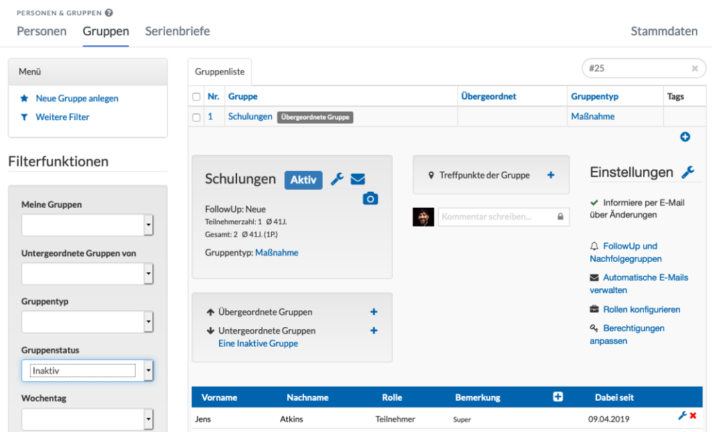 Screenshot der Gruppenliste mit einer inaktiven Gruppe.