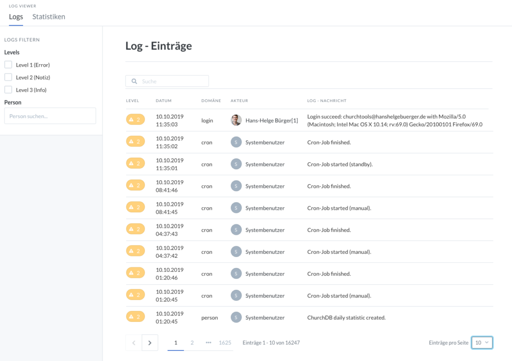 Screenshot der neuen Log-Ansicht