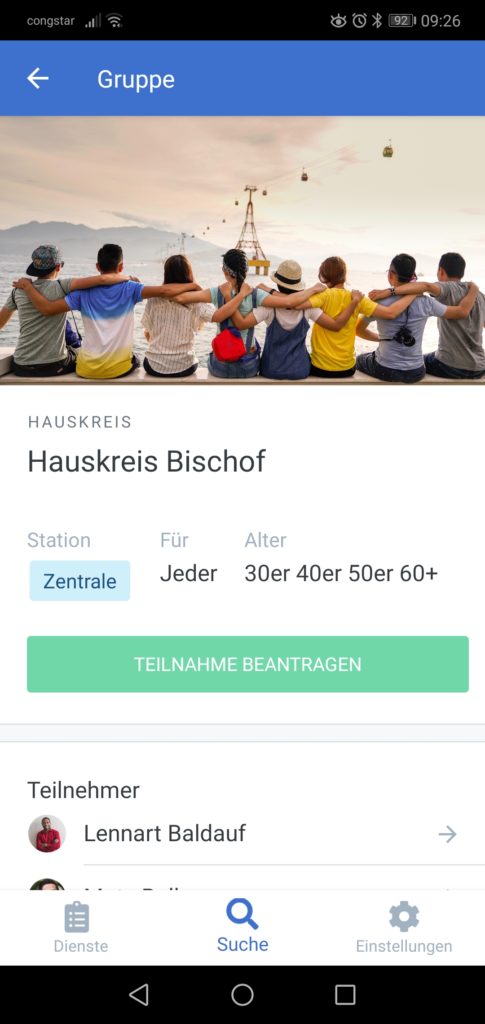 Screenshot der Gruppenseite für den Hauskreis Bischof