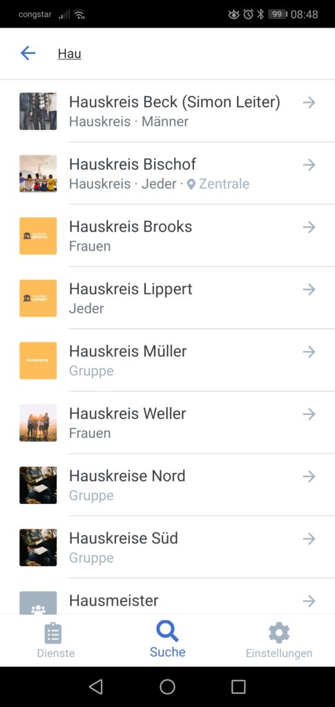 Screenshot einer Suche nach Hauskreisen