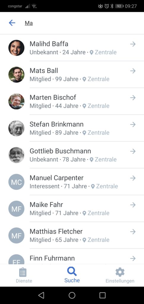 Screenshot der Personensuche mit zusätzlichen Informationen