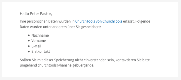 Mail mit Informationen, dass eigene Daten in ChurchTools abgespeichert wurden.