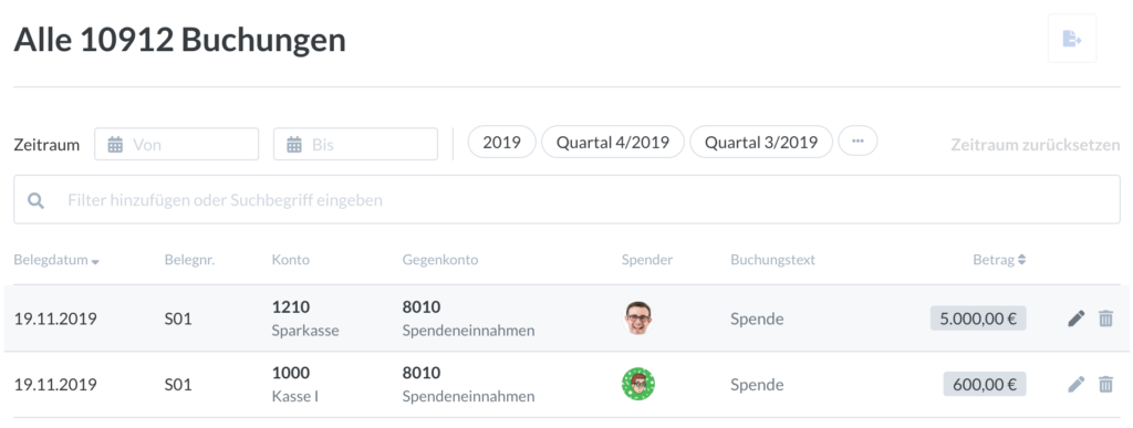 Screenshot des Buchungsjournal mit Spender