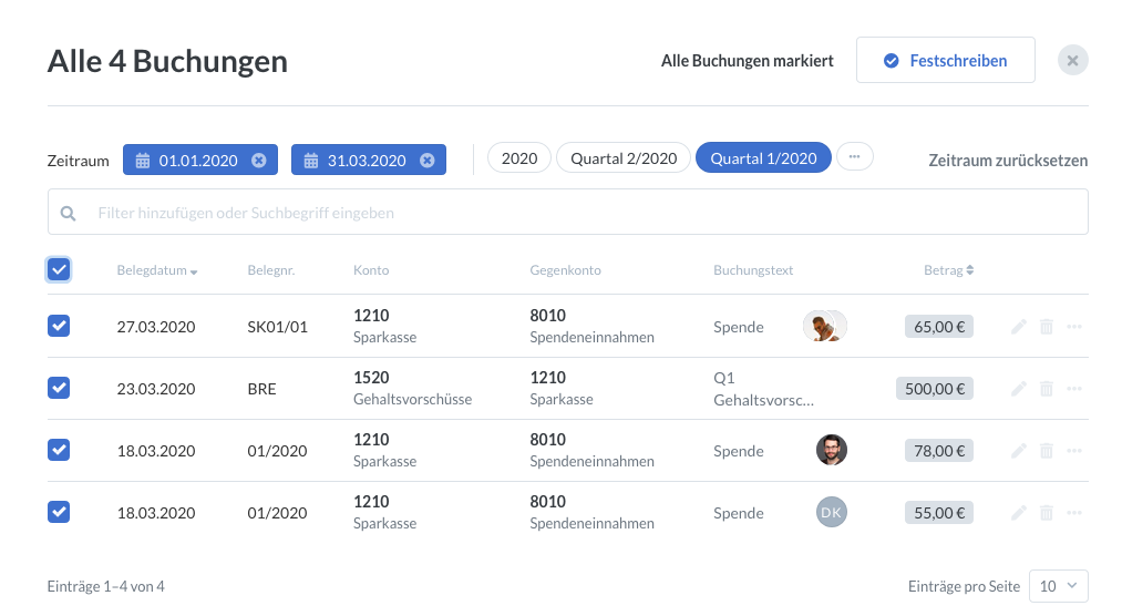 Screenshot um mehrere Buchungen festzuschreiben.