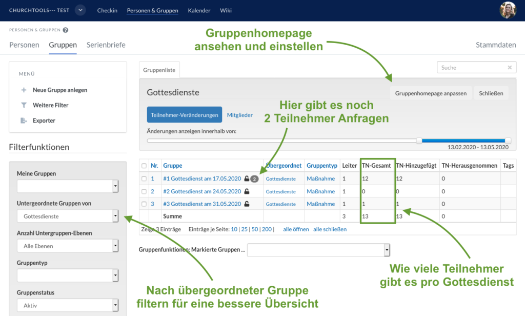 Screenshot der Gruppenliste gefiltert nach Gottesdiensten