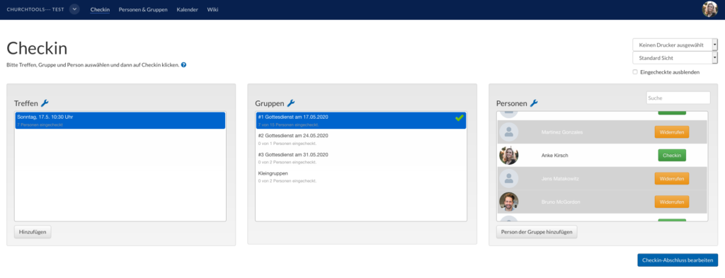 Screenshot des Checkin Moduls