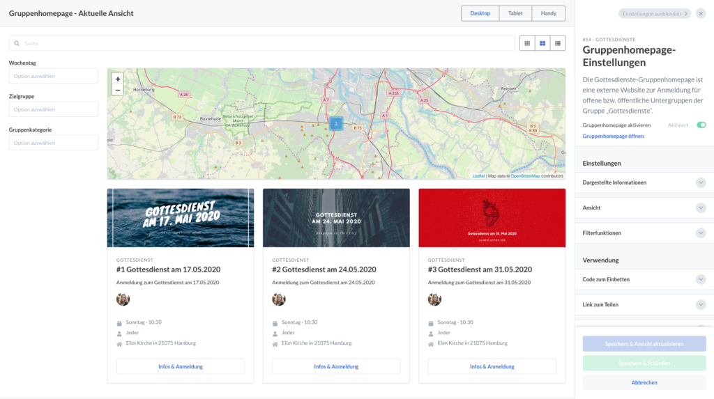 Screenshot der Gruppenhomepage mit 3 Gottesdienst-Gruppen