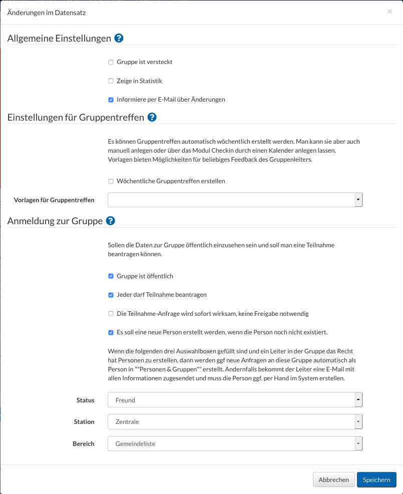 Screenshot der Gruppen Einstellungen für eine Gottesdienst-Gruppe