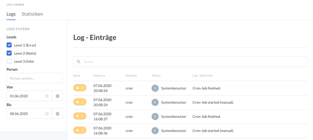 Screenshot der Log-Ansicht mit Datumsfilter