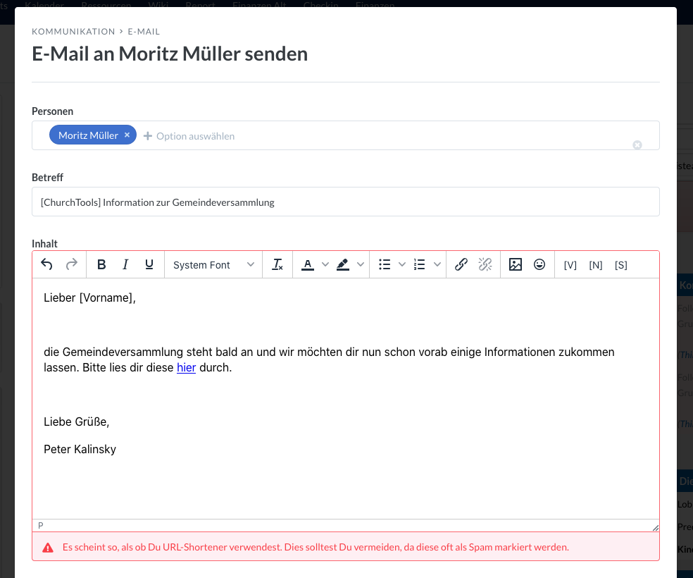 Screenshot des E-Mailers, der einen vor URL Shortener warnt.