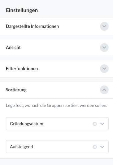 Screenshot der Sortier-Einstellung auf der Gruppenhomepage