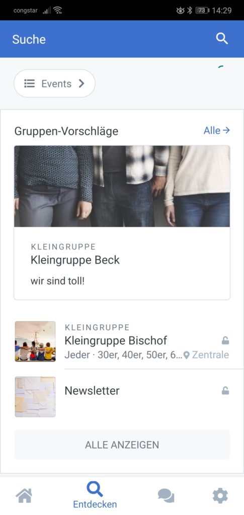 Screenshot der Entdecken Seite mit Gruppen-Vorschlägen