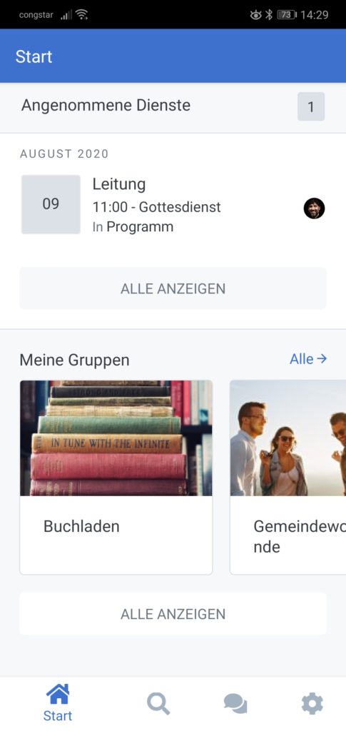 Screenshot der Startseite mit meinen Gruppen