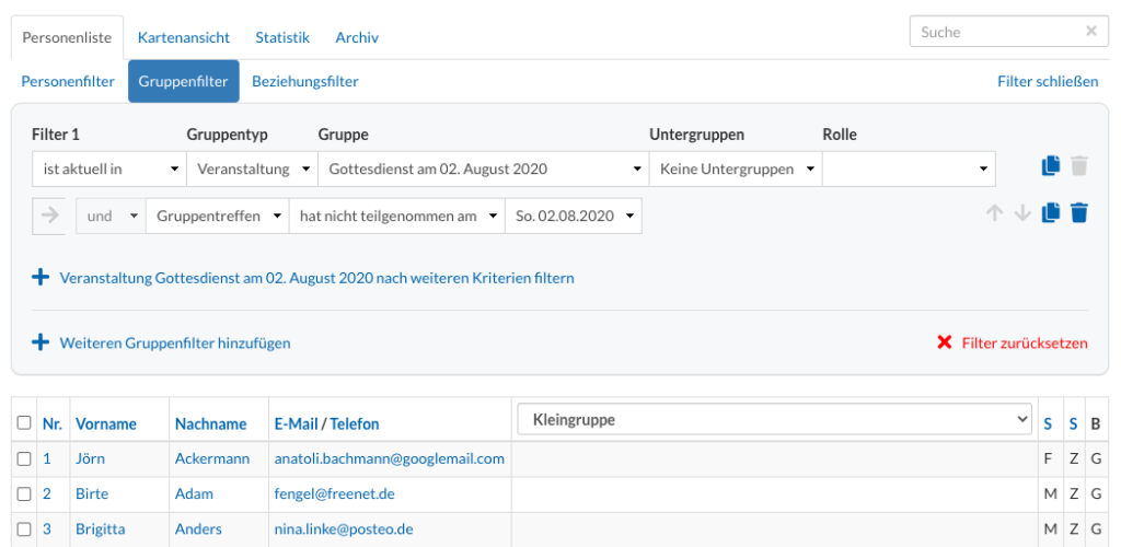 Screenshot: Nach Gruppentreffen filtern mittels Gruppenfilter