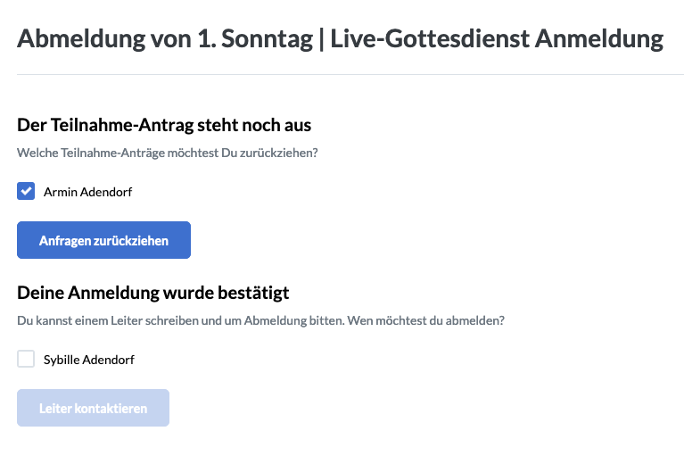 Screenshot der Abmelde-Seite, um sich aus einer Gruppe austragen zu können.