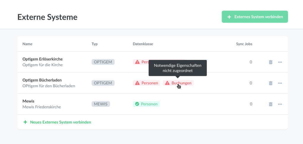Screenshot der Seite "Externe Systeme" aus dem Sync-Modul (Beispiel)