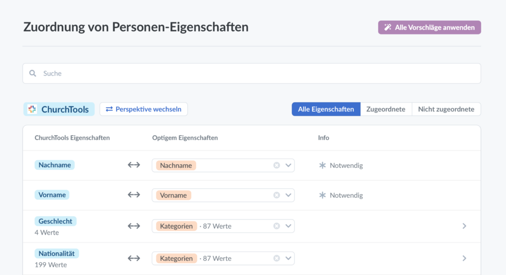 Screenshot der Seite "Zuordnung von Personen-Eigenschaften" (Beispiel)