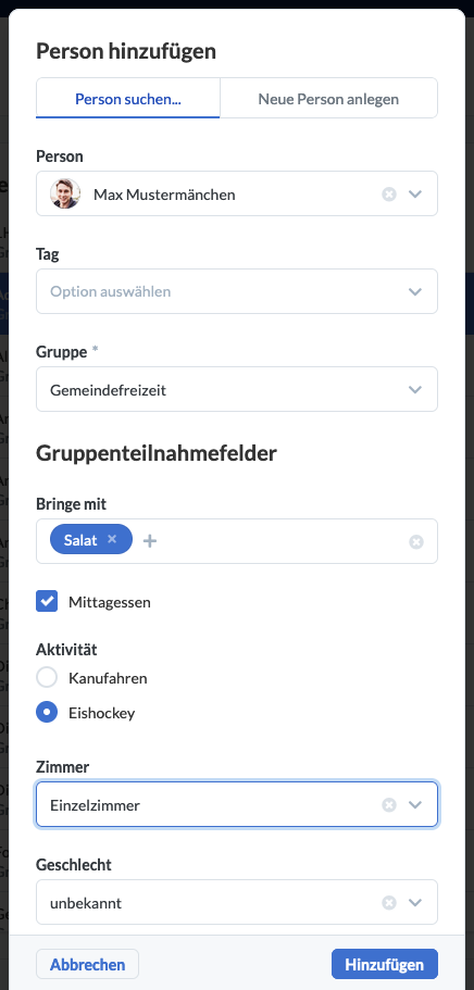 Screenshot: Person hinzufügen