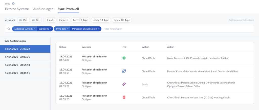 Screenshot des Sync-Protokolls im Sync Modul