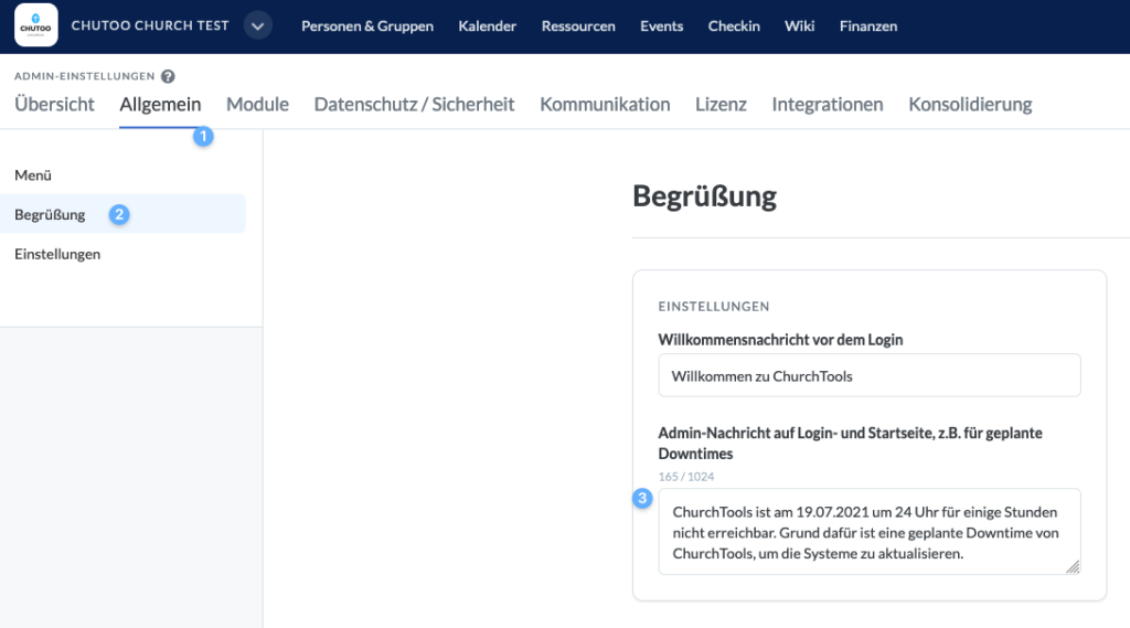 Screenshot: Admin-Einstellungen zeigen, um einen Text für die geplante Downtime zu hinterlegen.