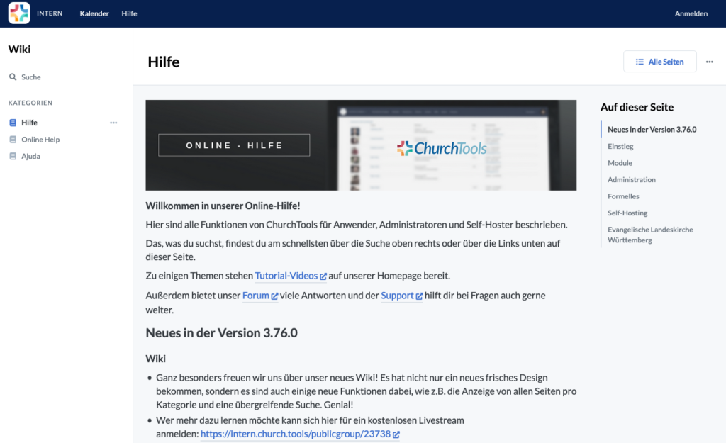 Screenshot: Ansicht der Hilfeseiten im neuen Wiki Layout