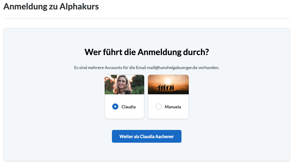 Screenshot: Frage vor der Gruppenanmeldung, wer die Anmeldung durchführt. 2 Avatare werden angezeigt