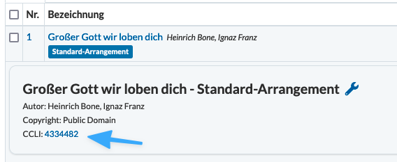 Screenshot: Song "Großer Gott wir loben dich" mit CCLI Nummer, der ein Link zu SongSelect ist.